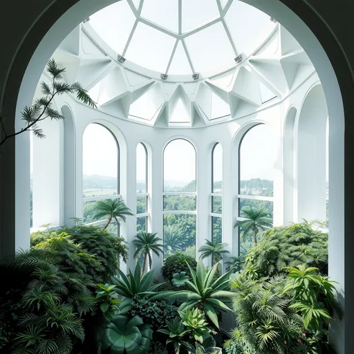 Prompt: white, geometric renaissance interior depth-plunged over a lush dreamscape