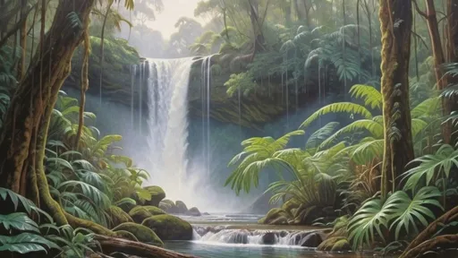 Prompt: in the style of Dalhart Windberg, Jean Baptiste, and Steve Hanks create a highly detailed painting of an otherworldly rainforrest landscape with green plants and cascading waterfalls. 

vibrant ecosystem, where every shade and tone harmonises in a mesmerising dance of colour. 