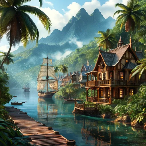 Prompt: majestic mountains covered in fog in a tropical jungle. 1800’s Victorian village in the mountains. Pirate ships at the docks. 
Sunny day. 