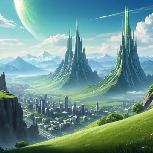 Prompt: majestic mountains, blue sky, green grass, foliage, etheral sci-fi city in distance