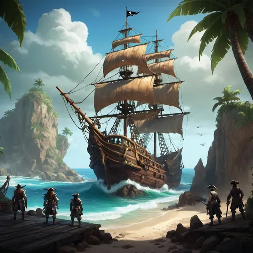 Prompt: Epic and amazing pirate fantasy adventure video game loading screen art. 