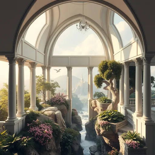 Prompt: white, geometric renaissance interior  over a lush dreamscape/heaven