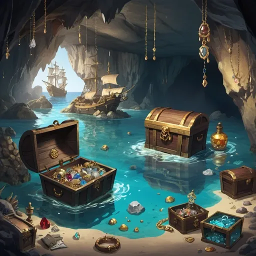 Prompt: A large cave with pirate treasure all around. Some in the water in the cave, some lying on the rocks. Chests and jewellery everywhere. 
