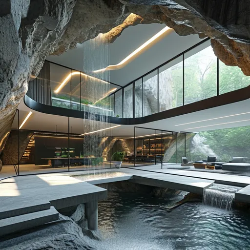 Prompt: Modern house interior integrated into an underground cave system with a waterfall. Technology and computers, research and development centre, high tech. 
Underground, no daylight. 