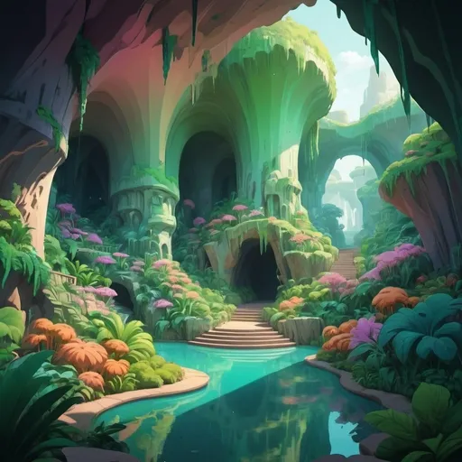 Prompt: cartoon aesthetic - a gradient of lush landscaping rises up in a grand cavern
