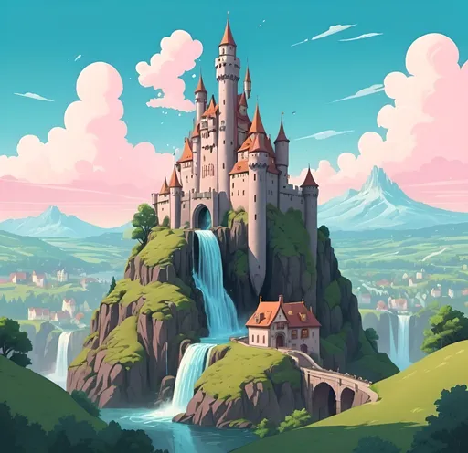 Prompt: Cartoon aesthetic of a fantasy castle on top of a hill with a waterfall. Below the castle is the village