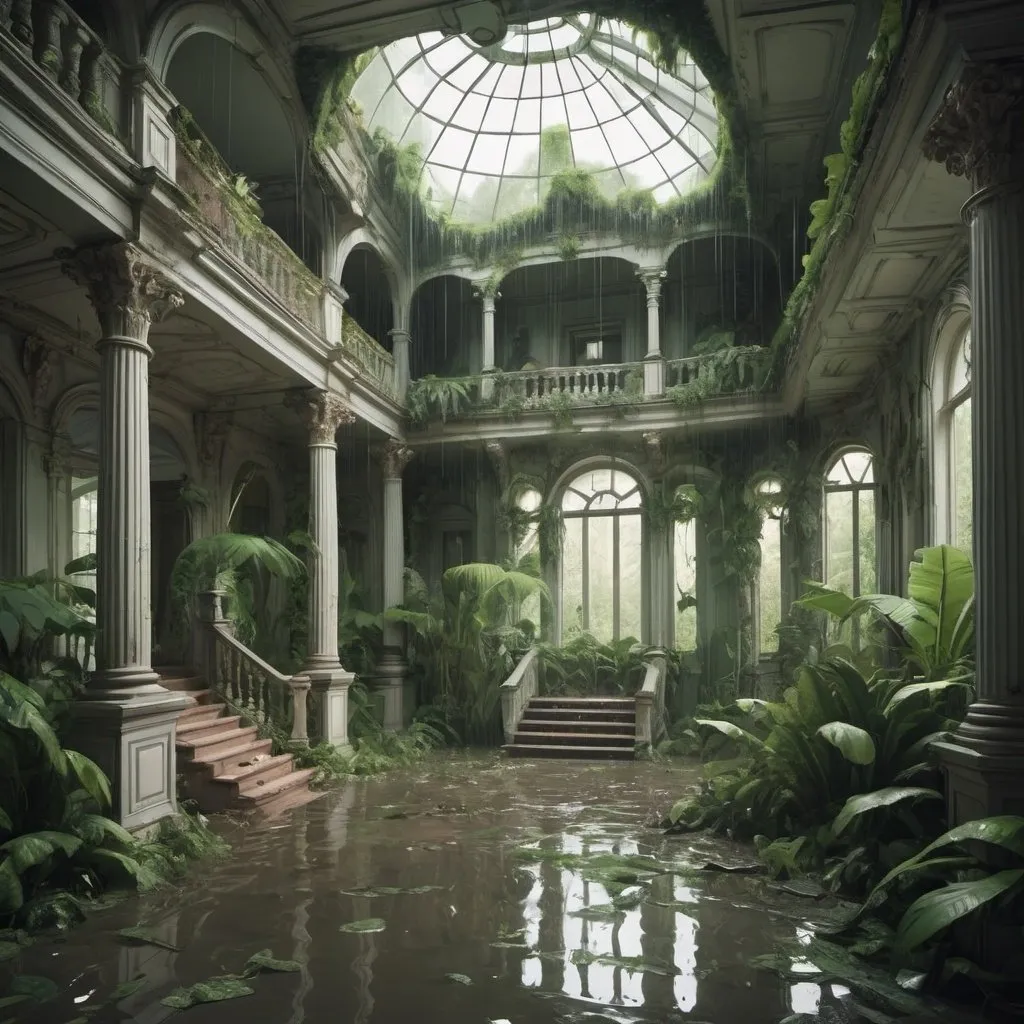 Prompt: cartoon aesthetic - baroque house interior destroyed with a tropical forrest growing through it. Raining and flooded
