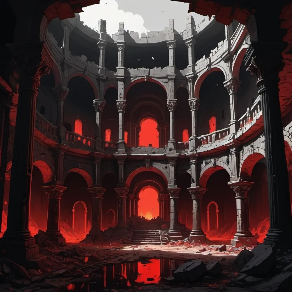 Prompt: Cartoon aesthetic & interor view of a large, structures which is now in ruins. Setting is in hell. 
There is no daylight but red and dark because its in hell.
The remnants are made out of black concete. I want a Treasure Room which is inside the bastion. Interior view only. Full of gold and jewels. 