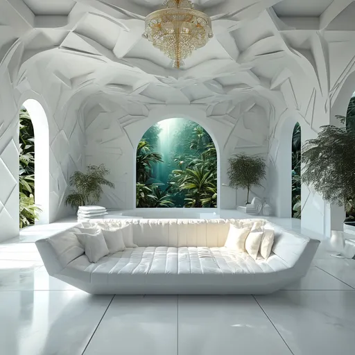 Prompt: white, geometric renaissance interior depth-plunged over a lush dreamscape