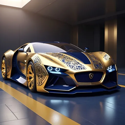 Prompt: Gold and navy blue futuristic super car with Intricate patterns. 

high resolution, 4k, detailed, high quality, professional. 