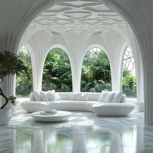 Prompt: white, geometric renaissance interior depth-plunged over a lush dreamscape