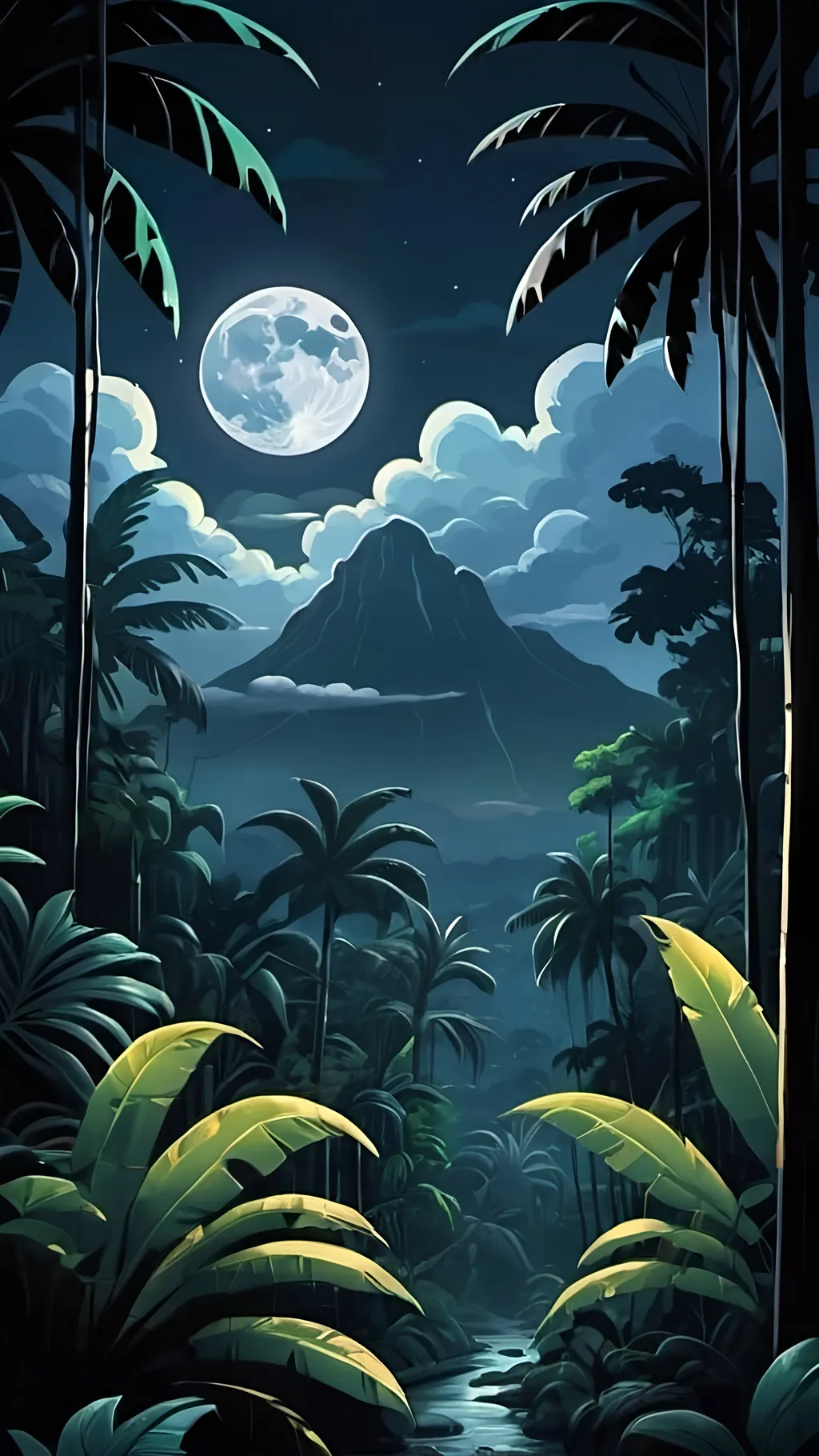 Prompt: cartoon aesthetic. Night time with a full moon in a tropical jungle/rainforrest. Clouds in the night sky and majestic mountains in the distance. 