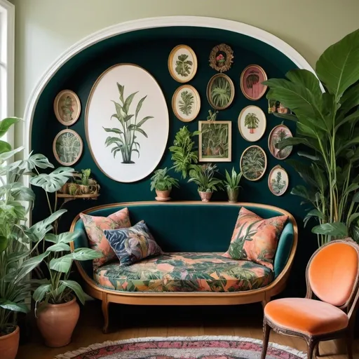 Prompt: maximalist dens, with framed artwork, embedded in a soft oval vignette of plants
