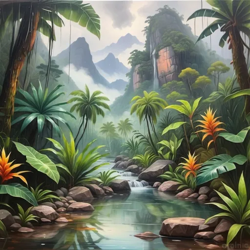 Prompt: Oil painting aesthetic, wet & rain in a tropical jungle with plants, tropical vibe, natural ponds with clean water, rocks, mountains, fog, dirt