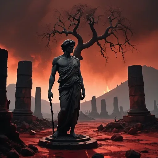 Prompt: Cartoon aesthetic - A beautiful, stoic Greek statue walking through the underworld. The ground is a deep, crimson red, covered in dirt and cracked with ancient, desolate ruins scattered around. In the distance, towering volcanoes spew molten lava, casting an ominous glow against the dark, smoke-filled sky. Flames flicker and dance amidst the shadows, casting eerie silhouettes of twisted, gnarled trees. The air is thick with the acrid scent of sulfur and decay, and the wails of lost souls echo through the darkness. Everywhere there is a palpable sense of despair, as fire and death pervade the landscape.