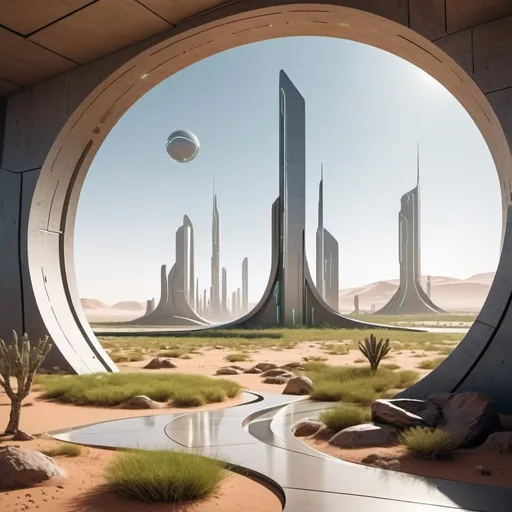 Prompt: -expansive desert with earthy colours. 
-a giant grey circular wall surrounding a futuristic city. 
-futuristic city has grass and trees on the floor. 
