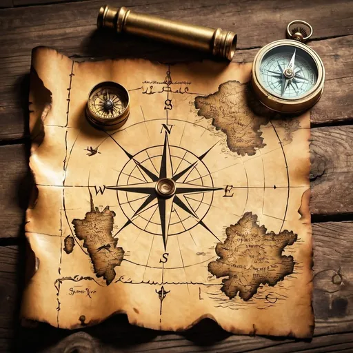 Prompt: old treasure map on a wooden table with a compass nearby