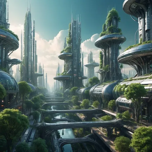 Prompt: Futuristic sci-fi city made out of steel. Lots of trees. Vibrant, hyper-realistic, ethereal atmosphere, intricate details, high quality, professional lighting