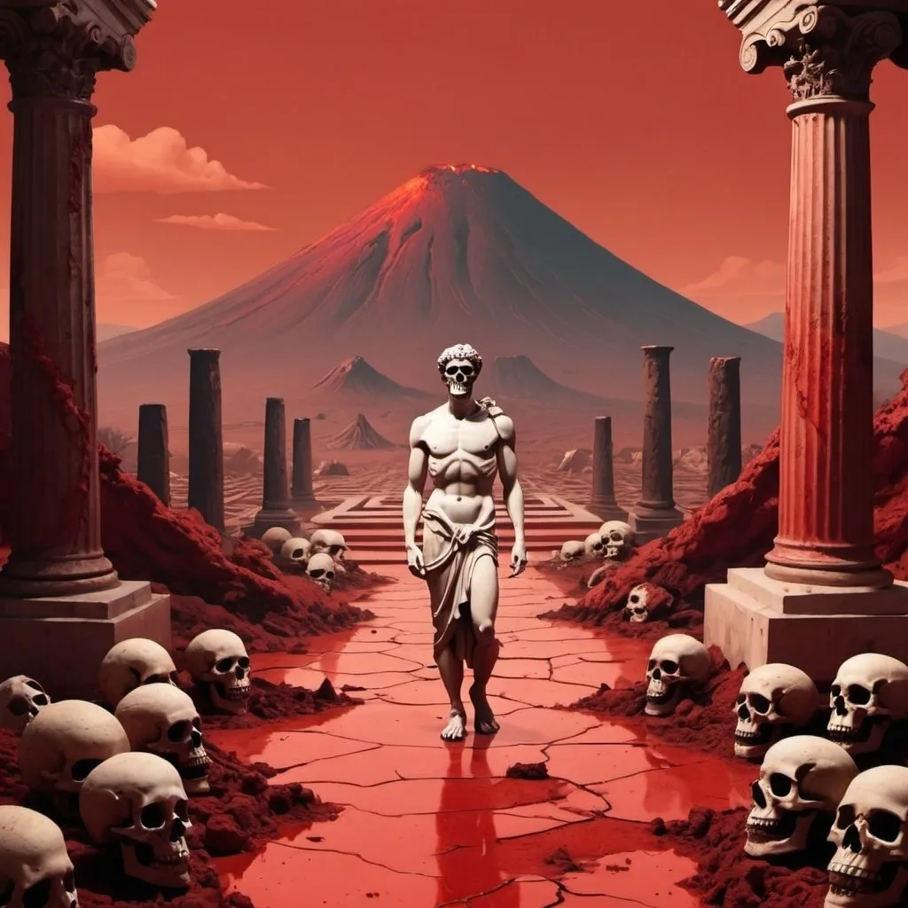 Prompt: Cartoon aesthetic - Stoic Greek statue walking through hell. Red floor/dirt, skeletons on the ground, volcanos in the background 
