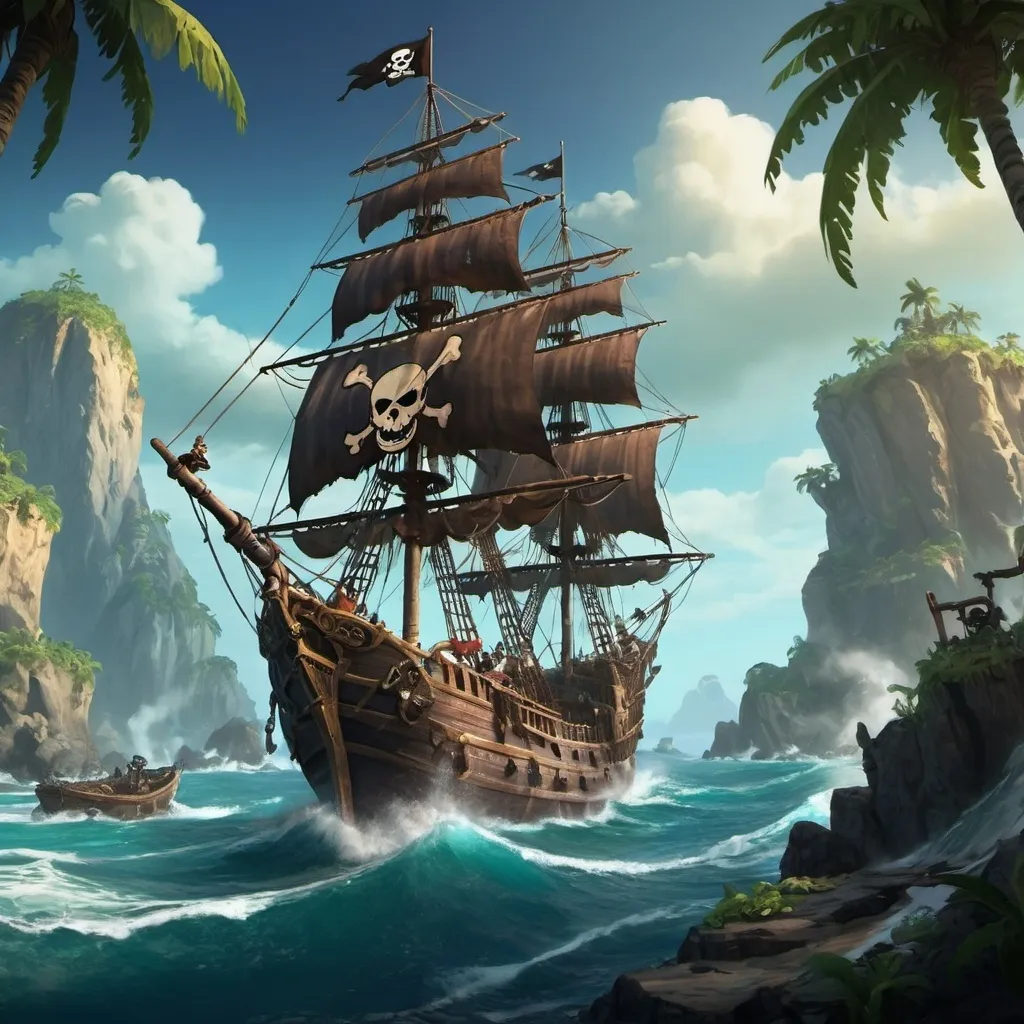 Prompt: Epic and amazing pirate fantasy adventure video game loading screen art. 