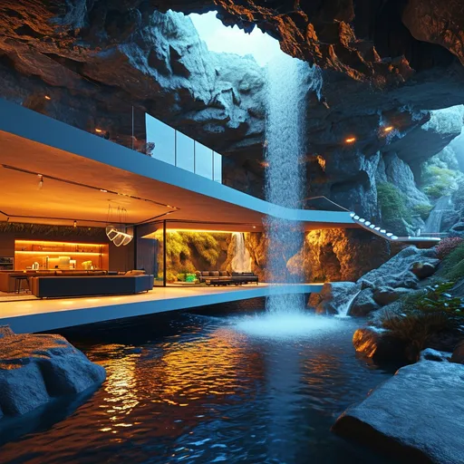 Prompt: Modern house interior integrated into Underground into a massive underground cave with a waterfall. Technology and computers - Night time. 