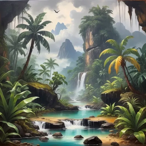 Prompt: Oil painting aesthetic, pirate treasure in a wet & rain in a tropical jungle with plants, tropical vibe, natural ponds with clean water, rocks, mountains, fog, dirt, clouds