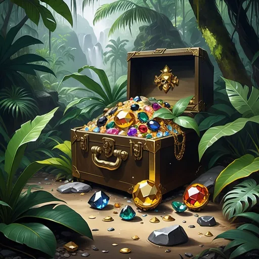 Prompt: Oil painting aesthetic, pirate treasure like gold, jewels, silver, trophies, gems piled up on the ground in a raining tropical jungle with plants, tropical vibe, natural ponds with clean water, rocks, mountains, fog, dirt, clouds