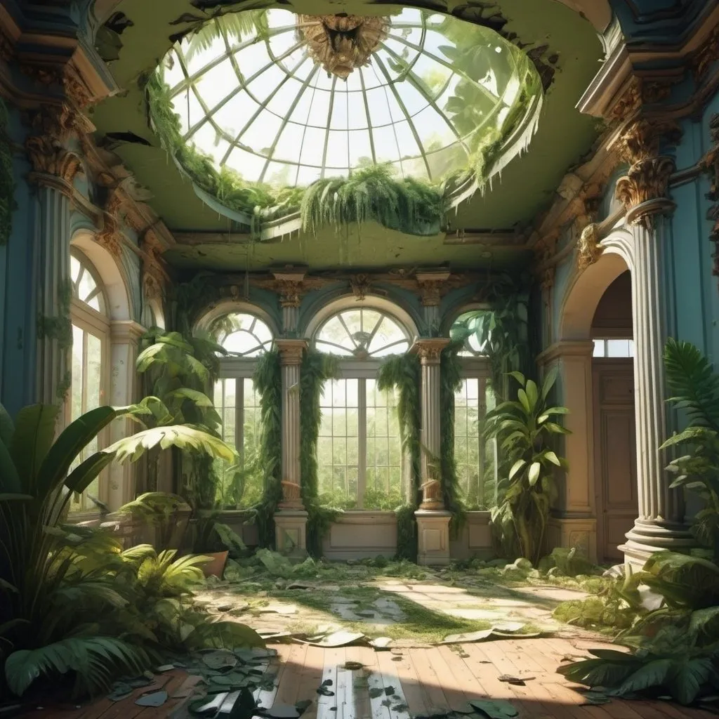 Prompt: cartoon aesthetic - baroque house interior destroyed with a tropical forrest growing through it. Sunny
