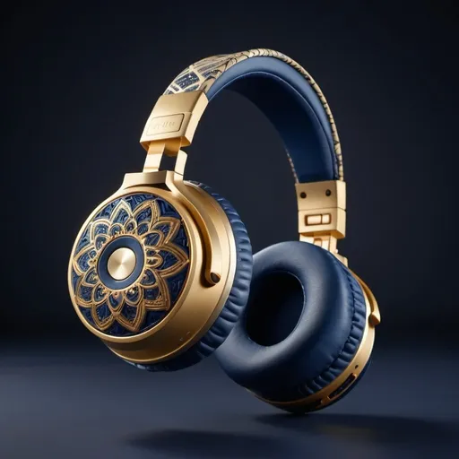 Prompt: Gold and navy blue hifi headphones with an open back design. Intricate patterns. 

high resolution, 4k, detailed, high quality, professional, wide view