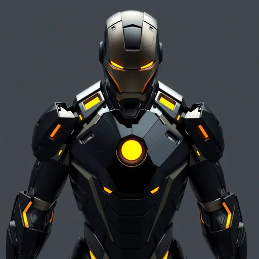 Prompt: modern, sleek, elegant black suit iron man with glowing yellow eyes