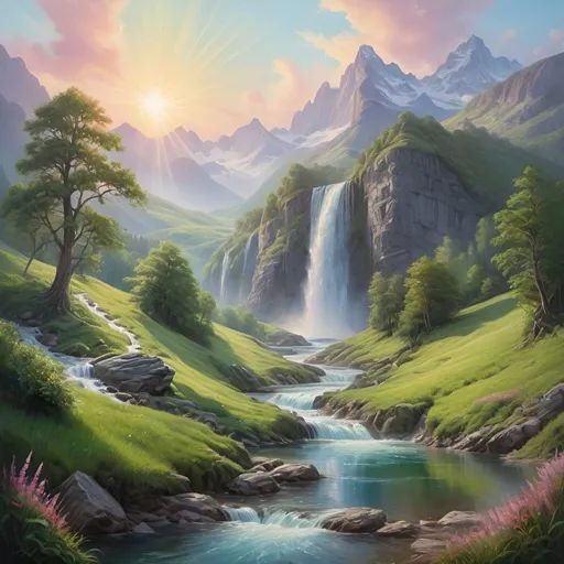 Prompt: Mesmerizing, vibrant, fantastical landscape, hyper-realistic, oil painting, sun-soaked, dreamy pastel hues, rolling hills, cascading waterfalls, majestic mountains, lush greenery, crystal-clear lakes, ethereal atmosphere, intricate details, high quality, hyper-realistic, dreamy, majestic mountains, fantastical, professional lighting