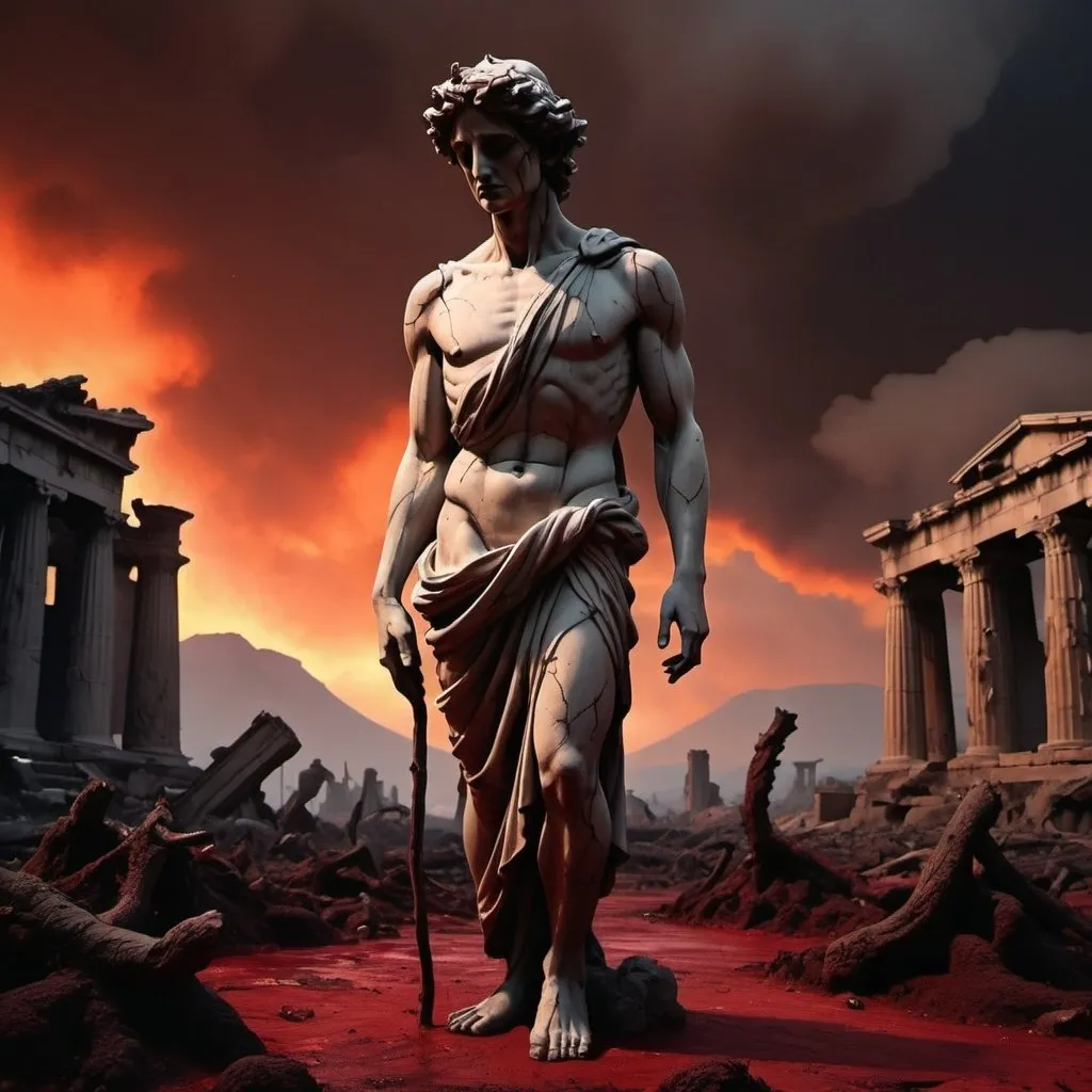 Prompt: Cartoon aesthetic - A beautiful, stoic Greek statue walking through the underworld. The ground is a deep, crimson red, covered in dirt and cracked with ancient, desolate ruins scattered around. In the distance, towering volcanoes spew molten lava, casting an ominous glow against the dark, smoke-filled sky. Flames flicker and dance amidst the shadows, casting eerie silhouettes of twisted, gnarled trees. The air is thick with the acrid scent of sulfur and decay, and the wails of lost souls echo through the darkness. Everywhere there is a palpable sense of despair, as fire and death pervade the landscape.