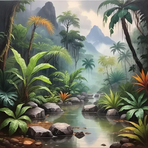 Prompt: Oil painting aesthetic, wet & rain in a tropical jungle with plants, tropical vibe, natural ponds with clean water, rocks, mountains, fog, dirt