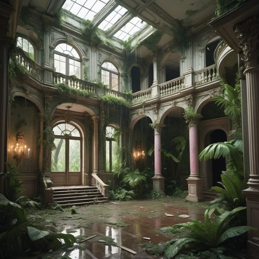 Prompt: cartoon aesthetic - baroque house interior destroyed with a tropical forrest growing through it. Raining
