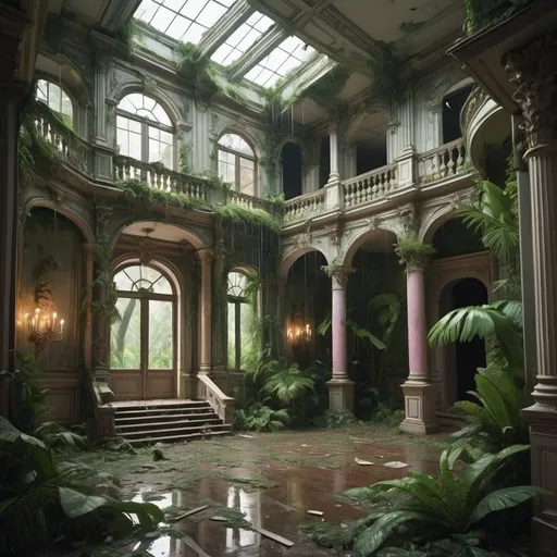 Prompt: cartoon aesthetic - baroque house interior destroyed with a tropical forrest growing through it. Raining
