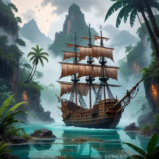Prompt: Oil painting aesthetic, pirate ship in a wet & rain in a tropical jungle with plants, tropical vibe, natural ponds with clean water, rocks, mountains, fog, dirt, clouds