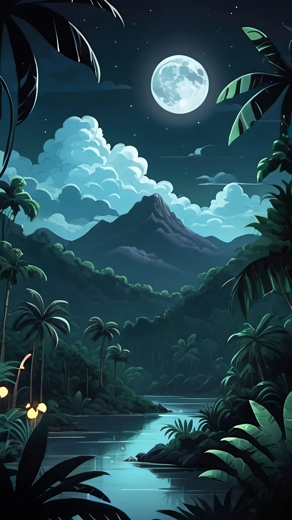 Prompt: cartoon aesthetic. Night time with a full moon in a tropical jungle/rainforrest. Clouds in the night sky and majestic mountains in the distance. 