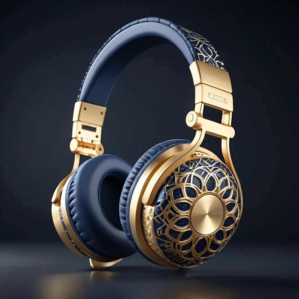 Prompt: Shiny Gold and navy blue hifi headphones with an open back design. Intricate patterns. 

high resolution, 4k, detailed, high quality, professional. 