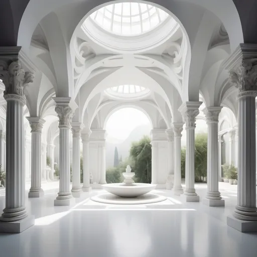 Prompt: white, geometric renaissance interior depth-plunged over a lush dreamscape