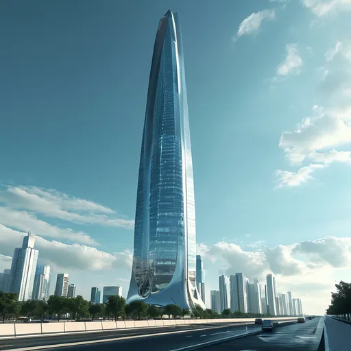 Prompt: A mega sky scraper that is Sleek, modern, futuristic, realistic. Made out of glass. In an uplifting & clean city.