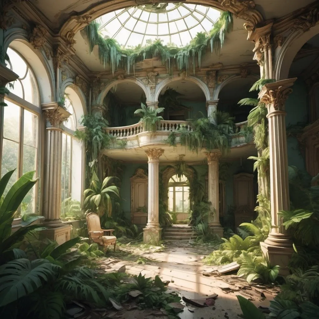 Prompt: cartoon aesthetic - baroque house interior destroyed with a tropical forrest growing through it. Sunny
