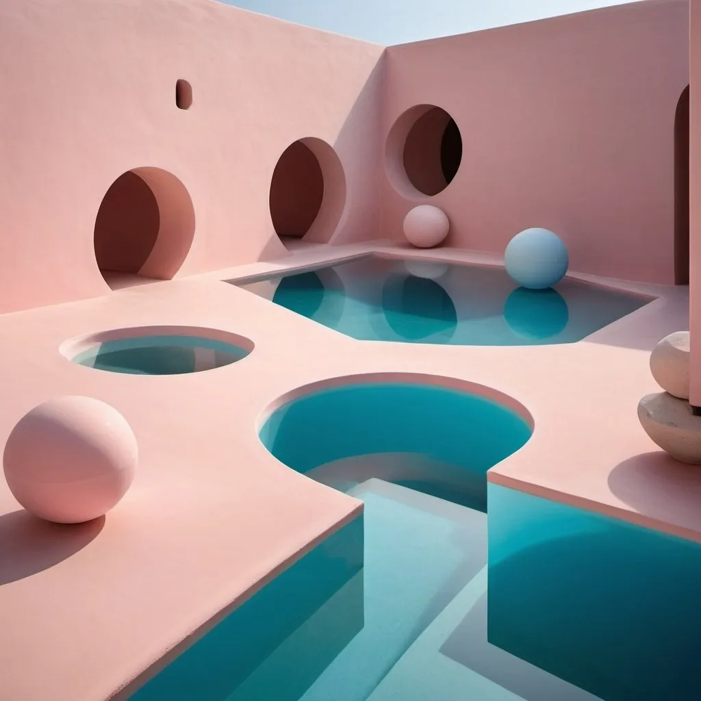 Prompt: geometric pools with cycladic influences and spheres, in pink and blue