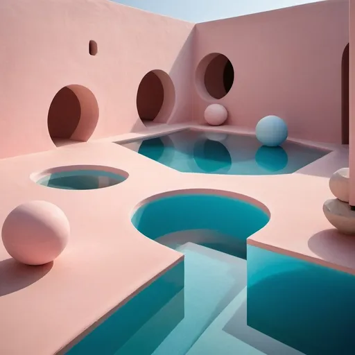 Prompt: geometric pools with cycladic influences and spheres, in pink and blue