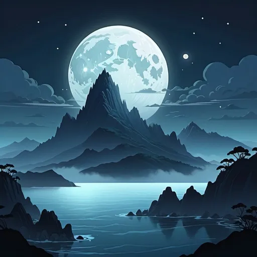 Prompt: cartoon aesthetic. An ocean, in the distance lies a massive island with enormous mountains. There is fog surrounding the mountain at night time with a full moon. 