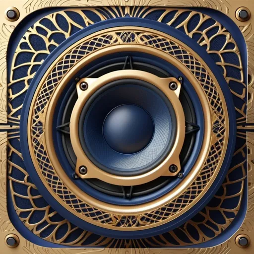 Prompt: Gold and navy blue hifi speakers with Intricate patterns. 

high resolution, 4k, detailed, high quality, professional. 