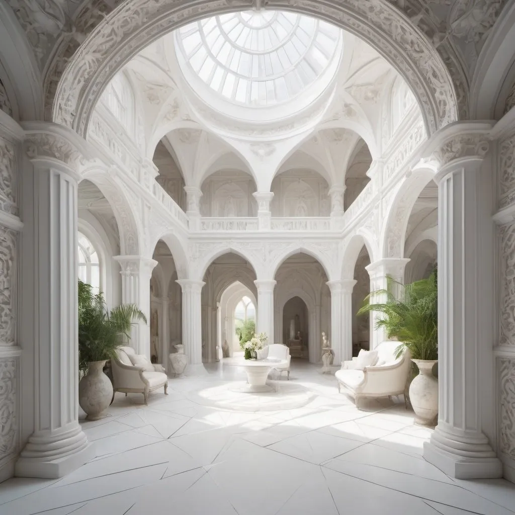 Prompt: white, geometric renaissance interior depth-plunged over a lush dreamscape