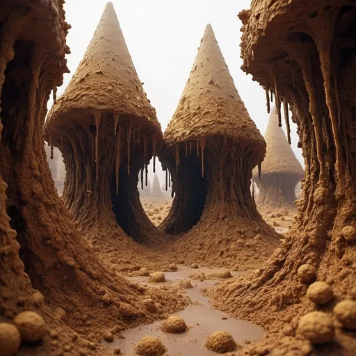 Prompt: cinematic anthill temples, triangle-masked into melted butter cliffs