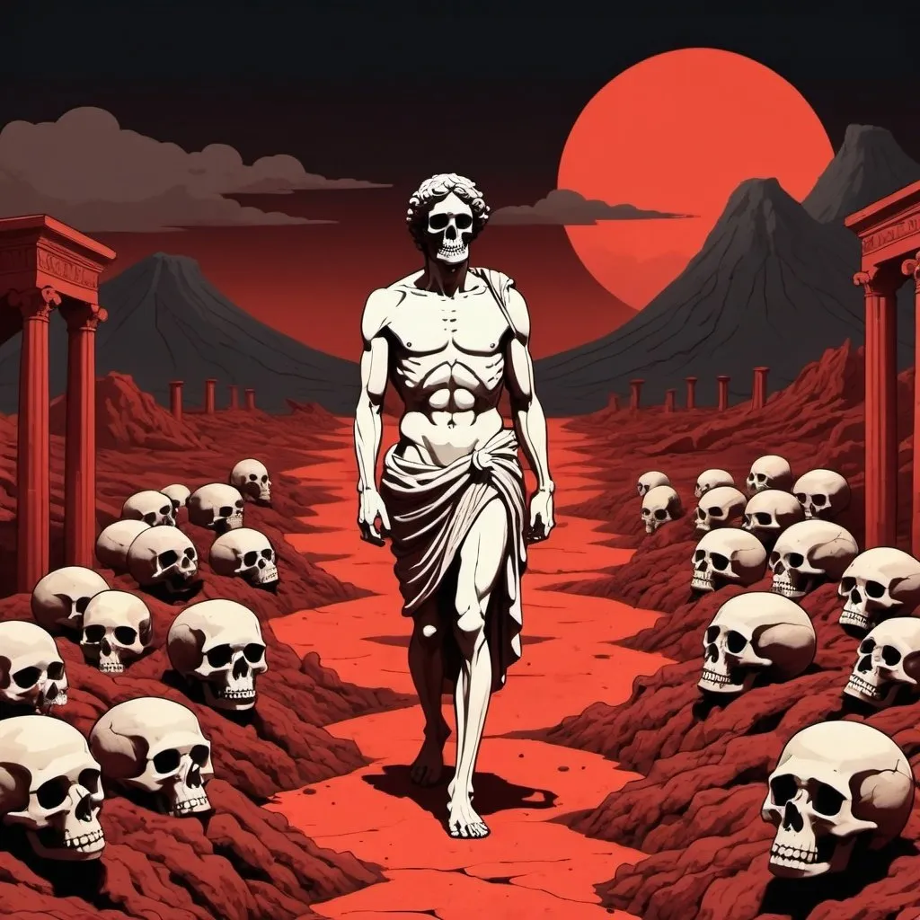 Prompt: Cartoon aesthetic - beautiful stoic Greek statue walking through hell. Red floor/dirt, skeletons on the ground, volcanos in the background 