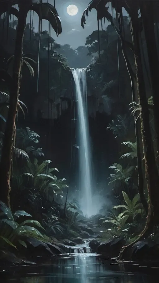 Prompt: -oil painting aesthetic
-a dark waterfall at night
-adventure genre jungle/forrest vibes
-moonlight through trees