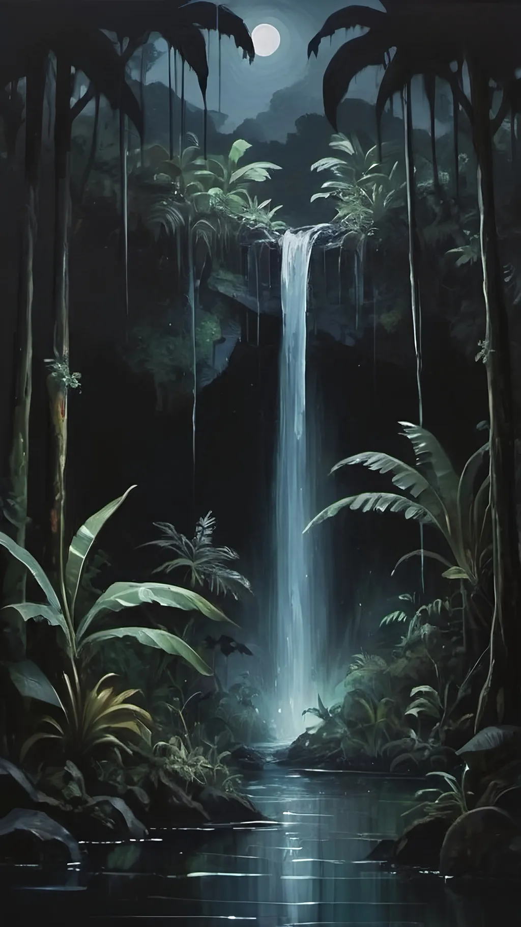 Prompt: -oil painting aesthetic
-a dark waterfall at night
-jungle/forrest vibes